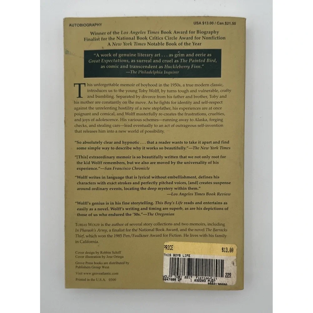 This Boy's Life A Memoir by Tobias Wolff Grove Press Paperback 1989